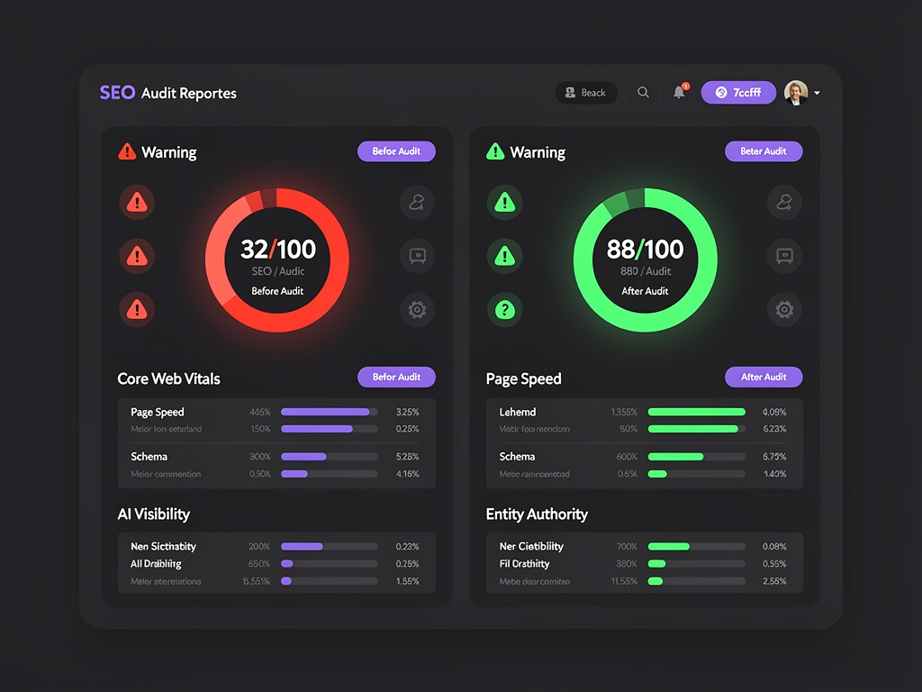 SEO and GEO audit dashboard showing before and after scores